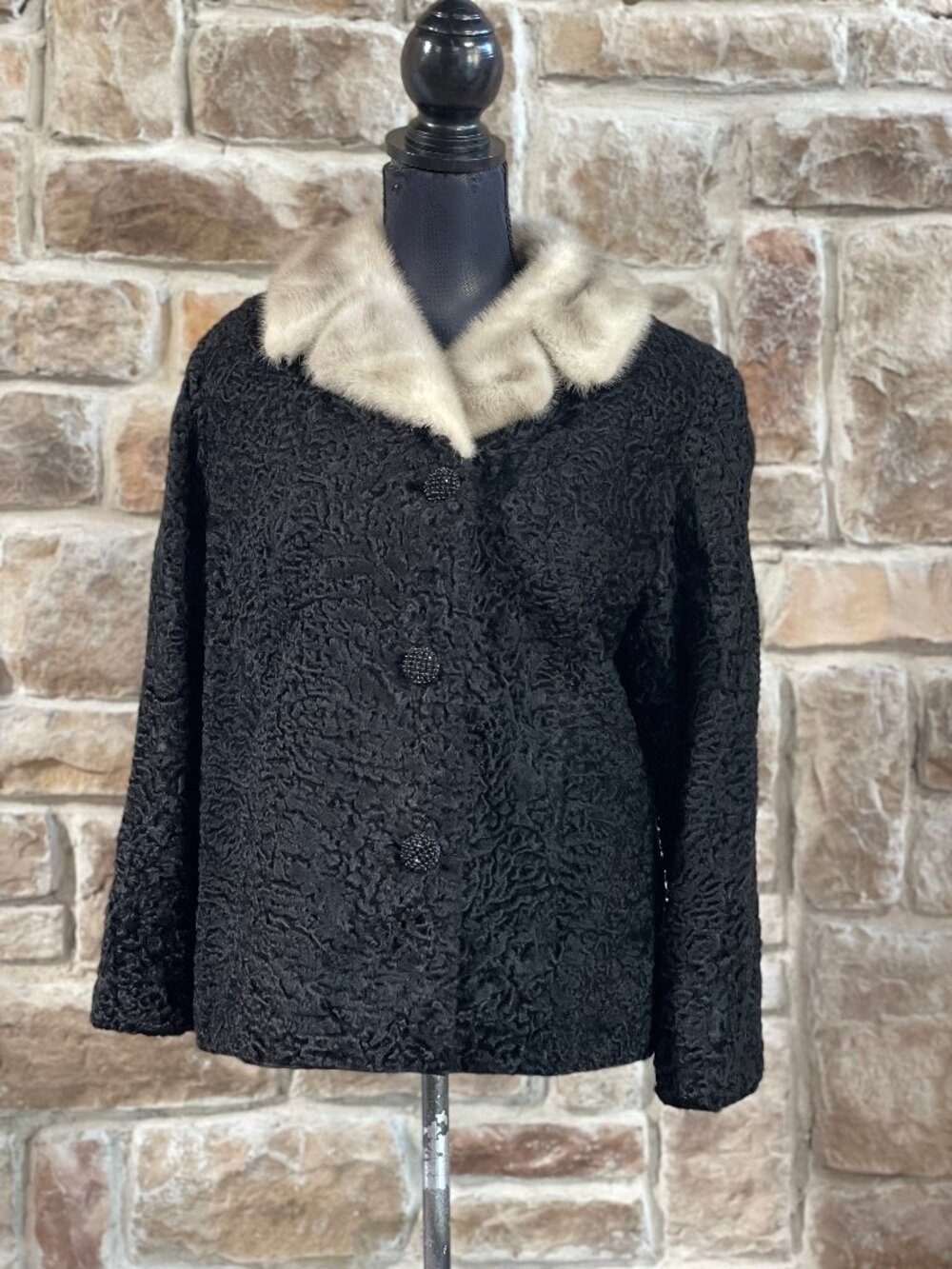 Cute Black Persian Lamb Jacket Sapphire Siver Mink Fur Collar, Size S